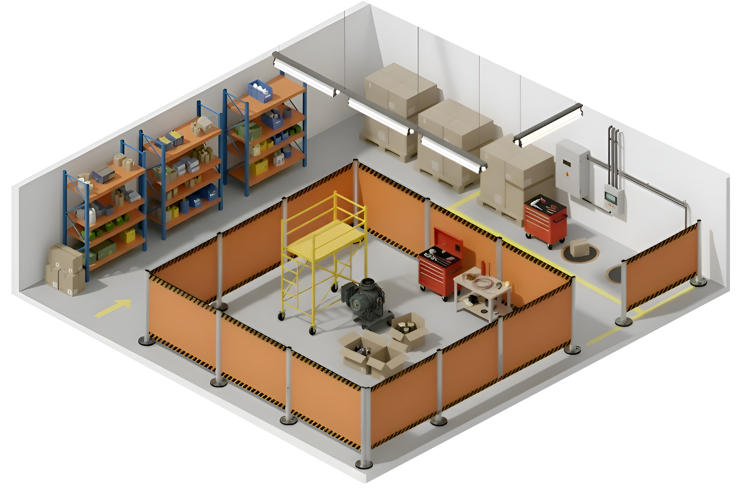 Isometric view of a warehouse maintenance zone using temporary retractable barriers for safety controls