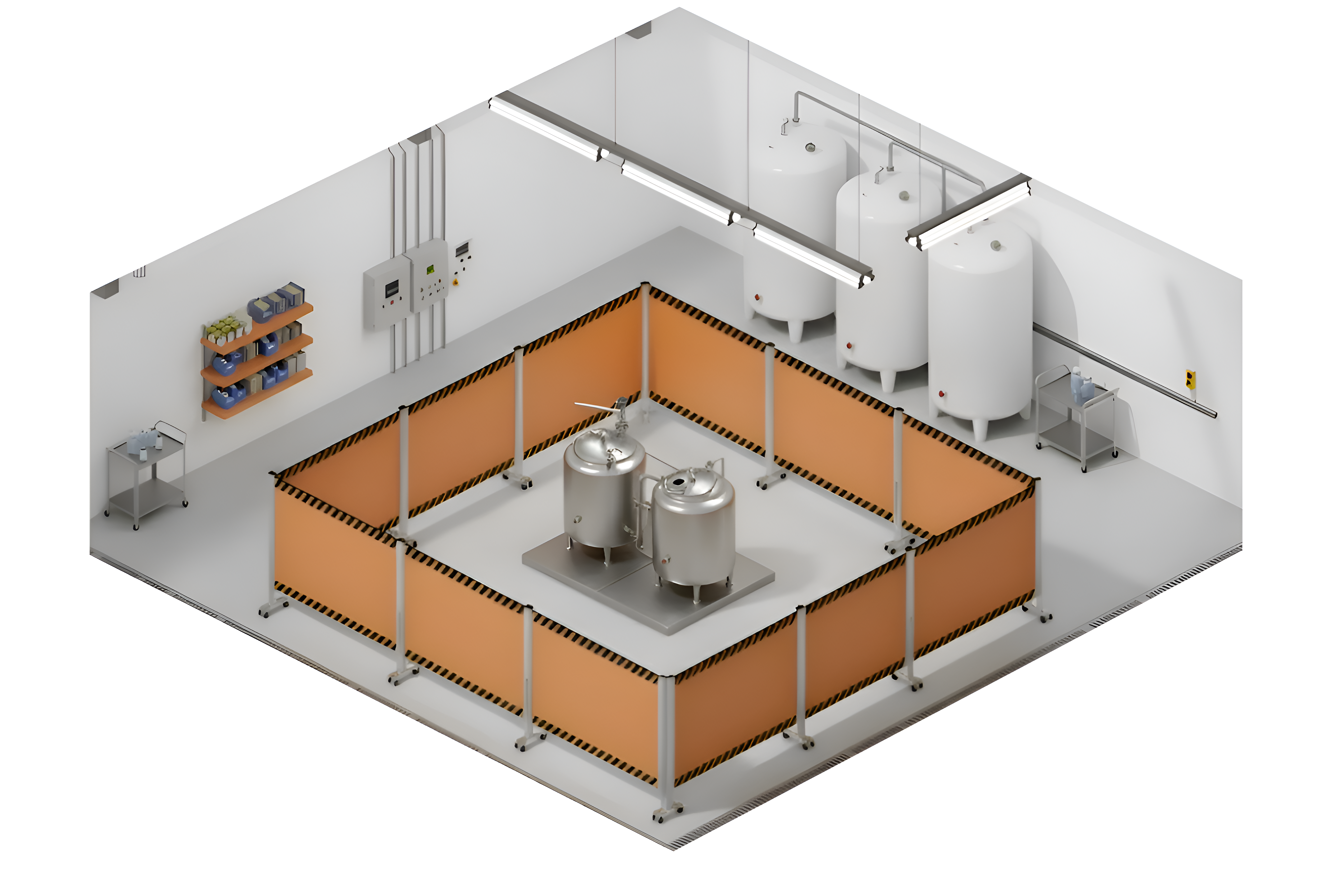 Isometric view of an industrial spill containment area with temporary safety barriers surrounding processing equipment inside a manufacturing