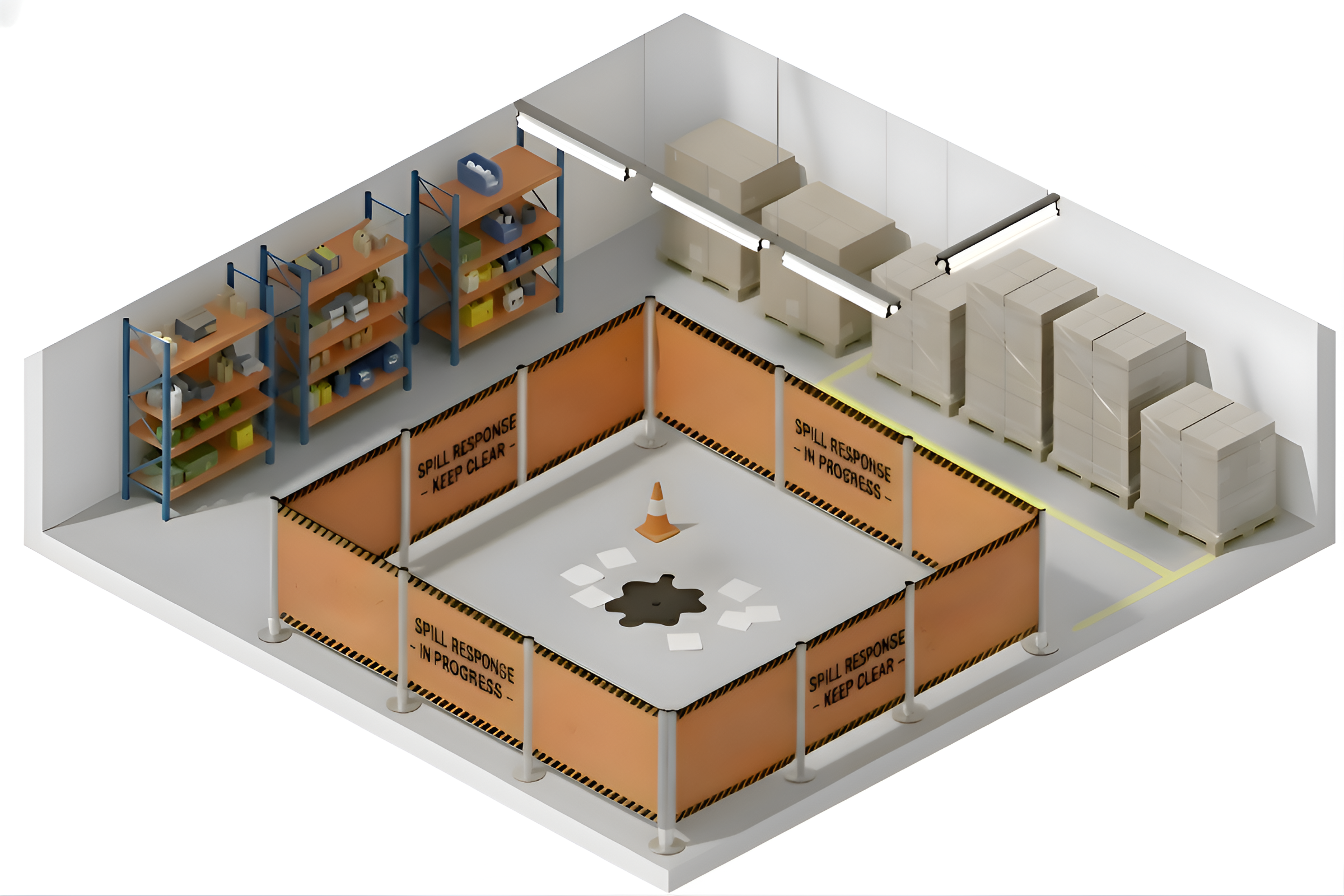 Isometric views of a spills response area enclosed with retractable safety barriers in a warehouse