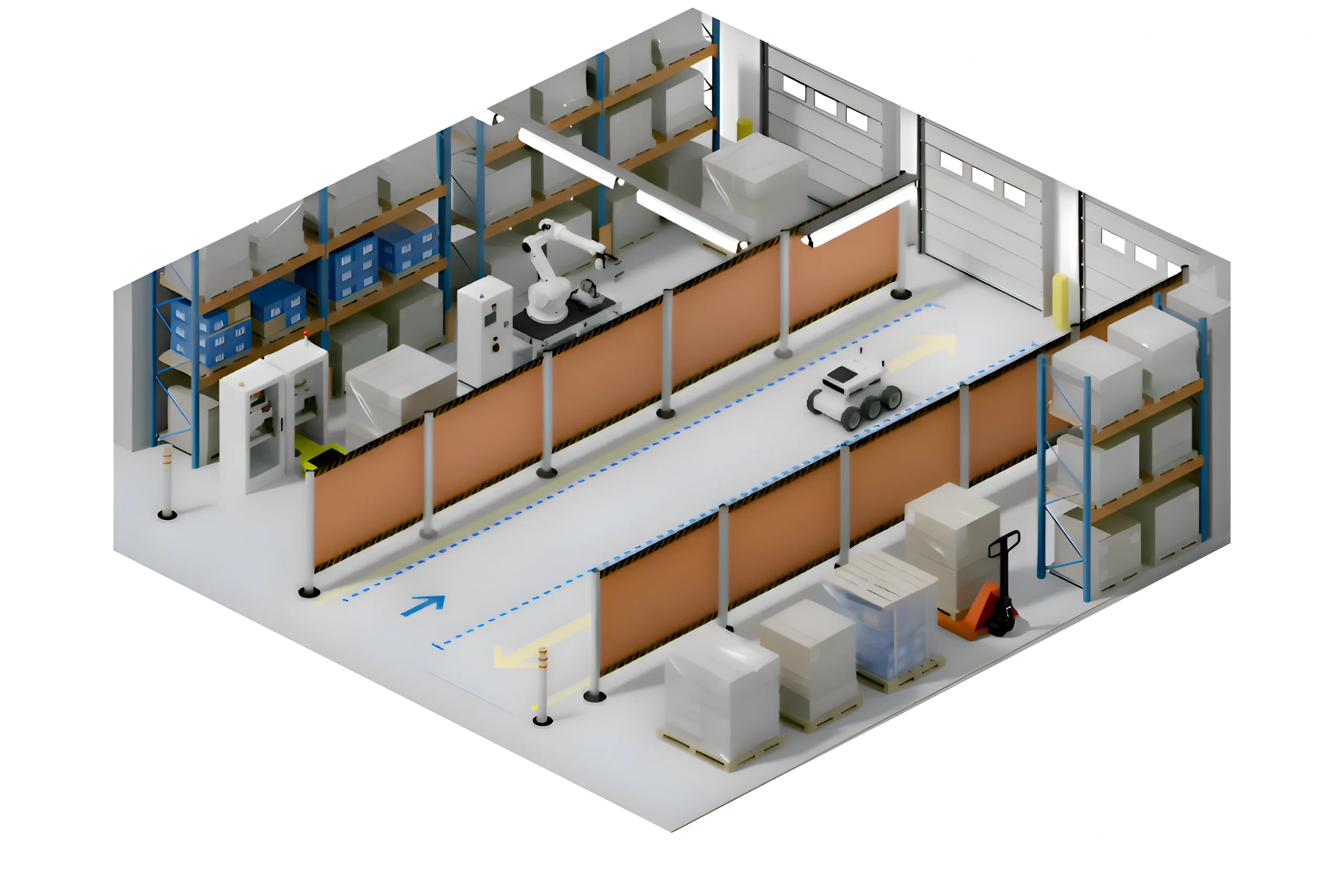 Isometric view of an automated warehouse showing robot pathways and retractable barriers controlling temporary access zones