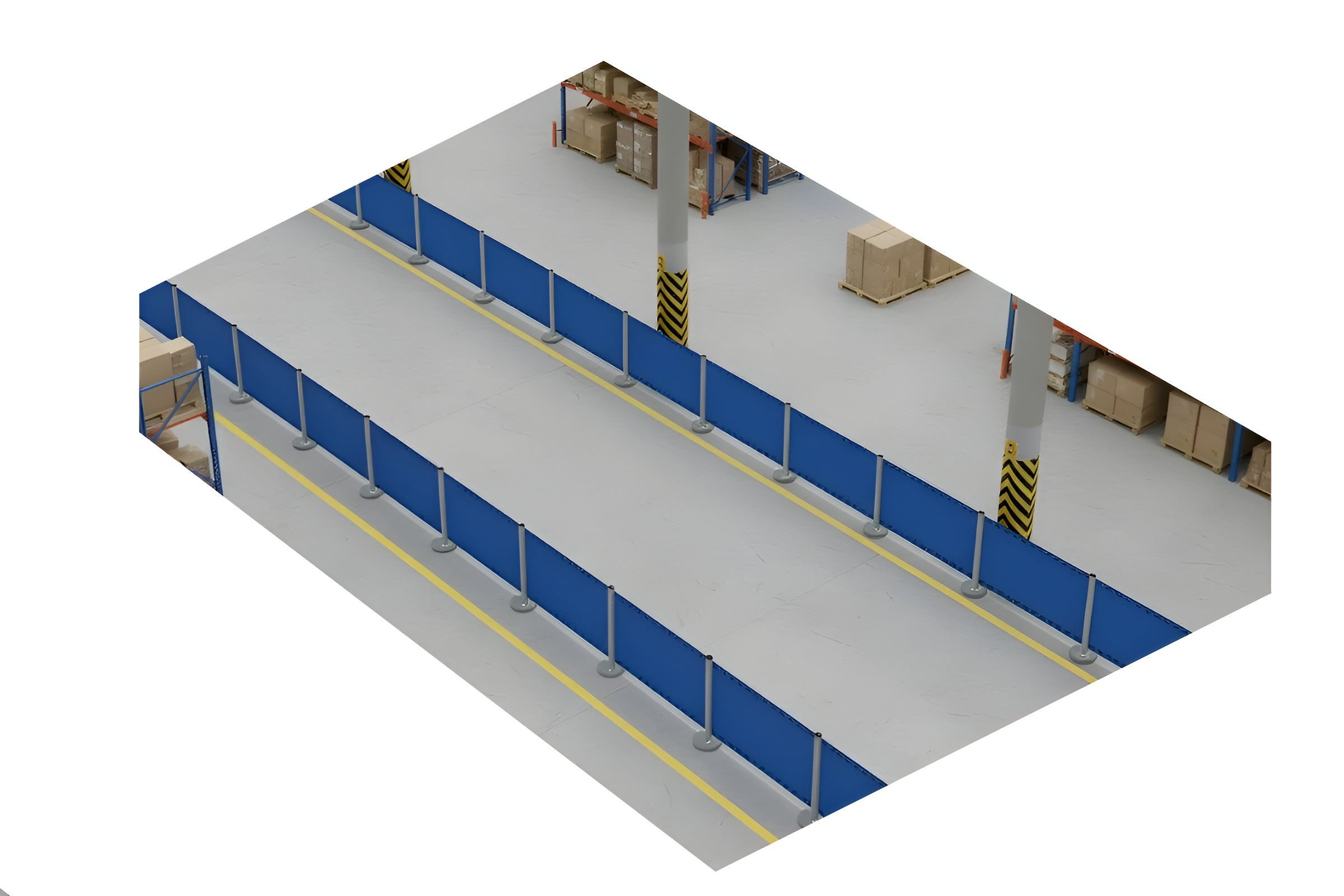 Isometric views of industrial retractable barrier creating a controlled warehouse visitor zone