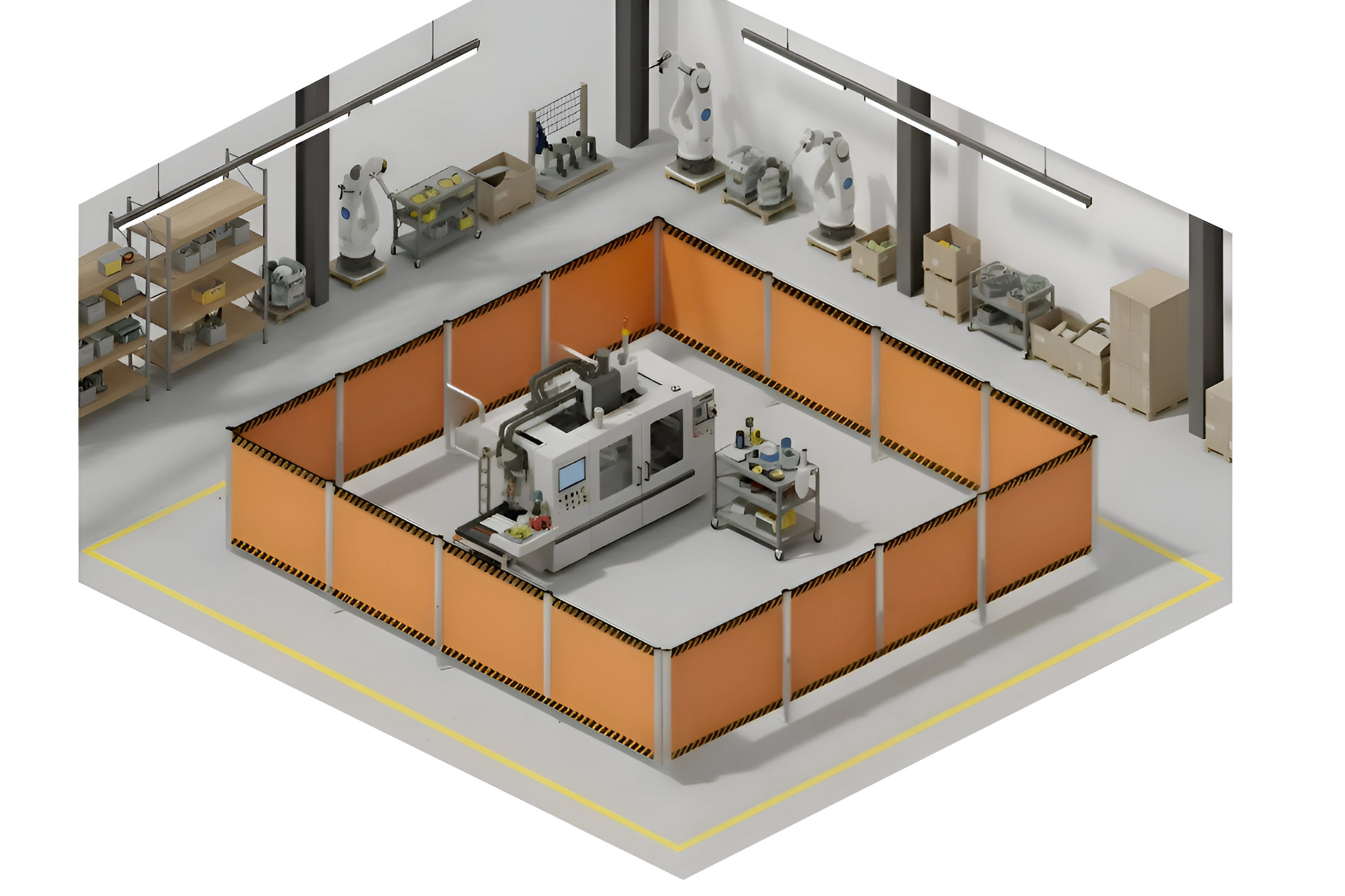 Isometric views of retractable fence barrier enclosing machinery