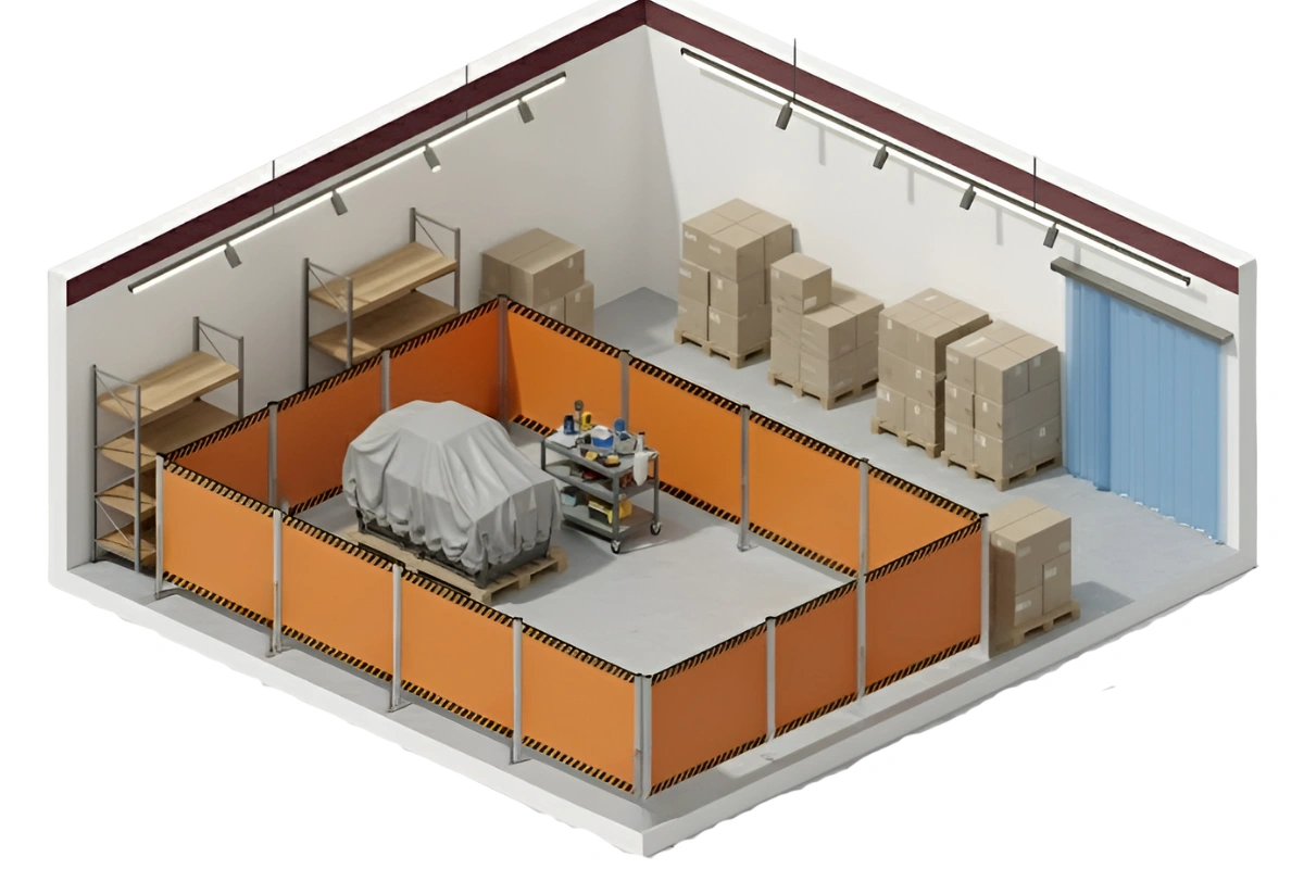 Isometric warehouse layout showing industrial retractable barriers creating a temporary safety zone around equipment and materials