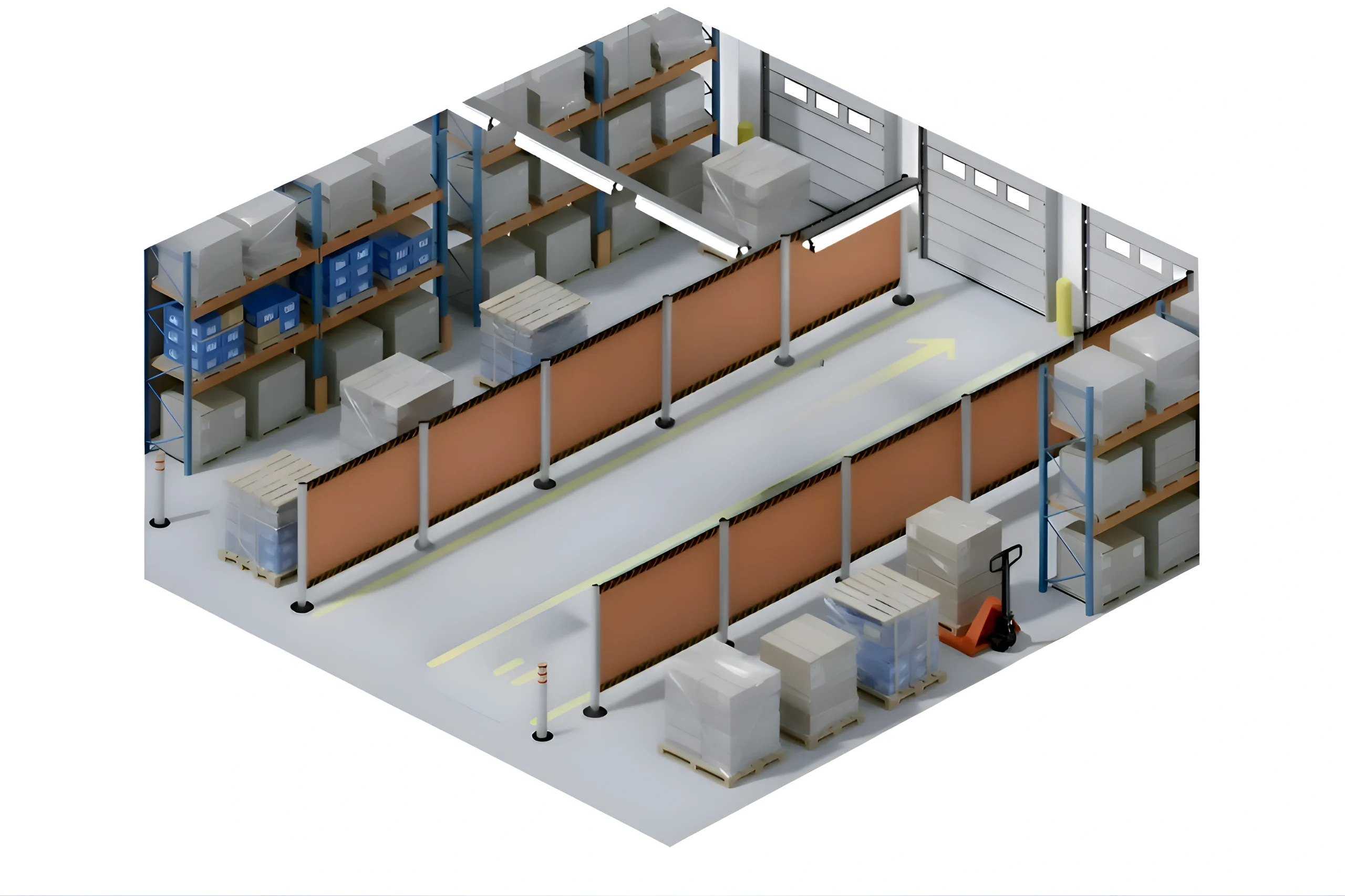 Isometric warehouse layout showing retractable barriers separating staging areas from aisle