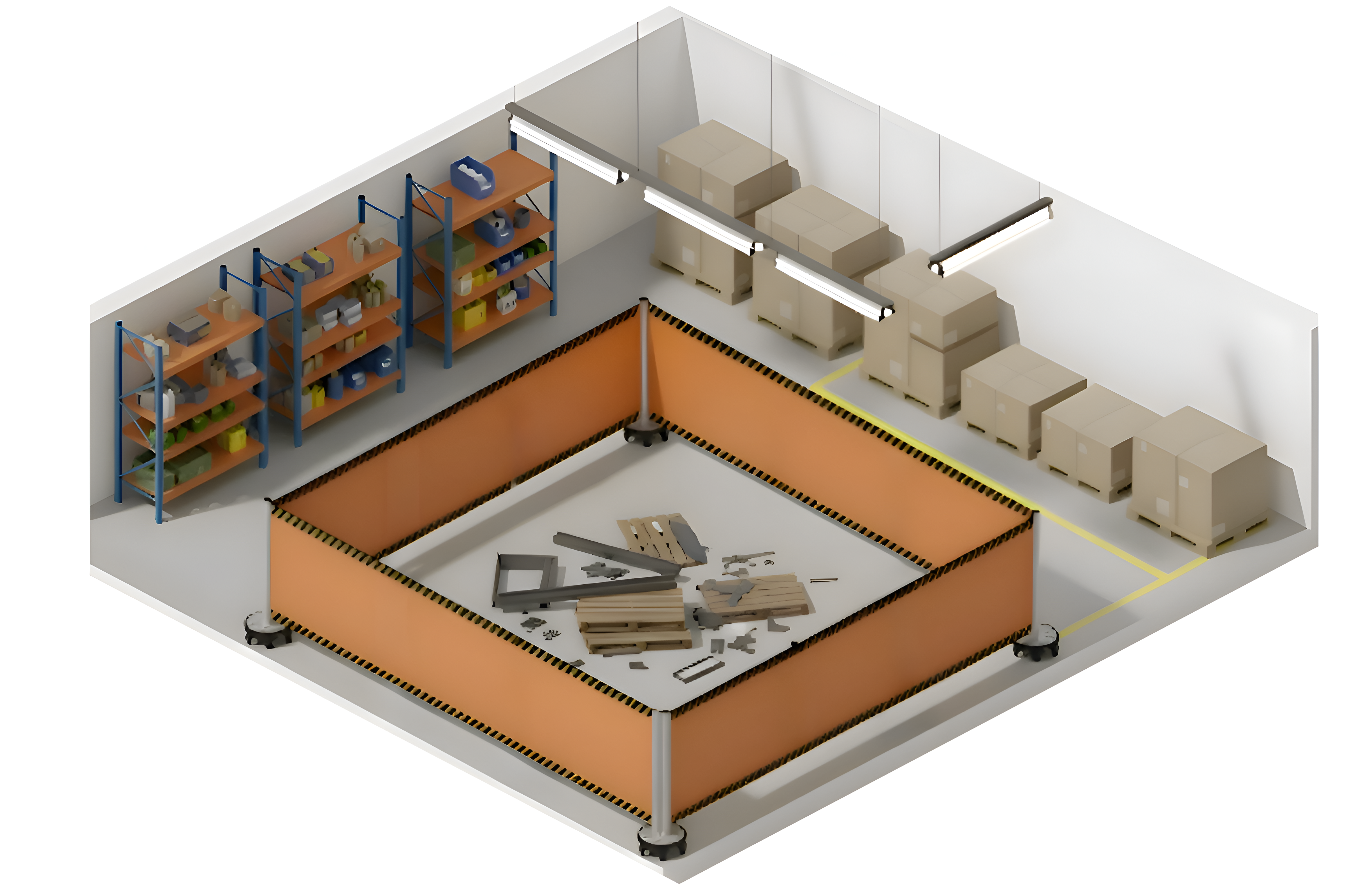 Isometric warehouse safety zone created with retractable barrier to restrict pedestrian access during active works