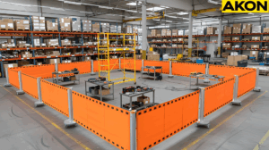 Large temporary warehouse maintenance zone enclosed with industrial retractable barrier panel