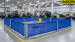 Large warehouse spill area enclosed with mobile retractable barriers fencing