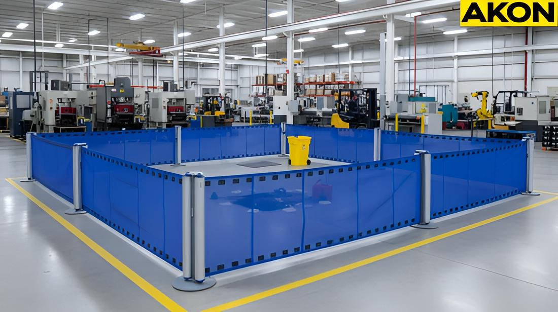 Large warehouse spill area enclosed with mobile retractable barriers fencing