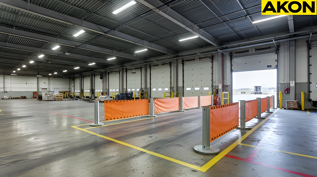 Orange retractable barriers creating a temporary safety zone in an industrial warehouse dock areas