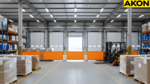 Orange retractable barriers managing pallet staging near loading dock doors