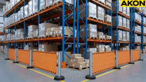 Orange safety barrier separating pedestrian space from pallet racking in a warehouse
