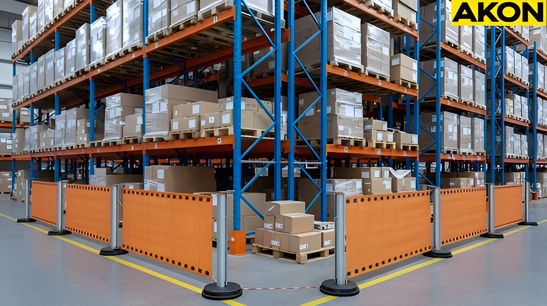 Orange safety barrier separating pedestrian space from pallet racking in a warehouse