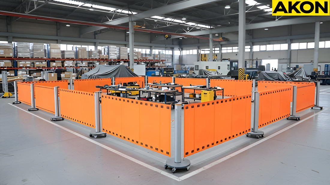 Portable industrial barrier system defining a temporary maintenance area on a warehouse floors