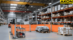 Portable industrial retractable barriers forming a controlled maintenance zone on a warehouse floor