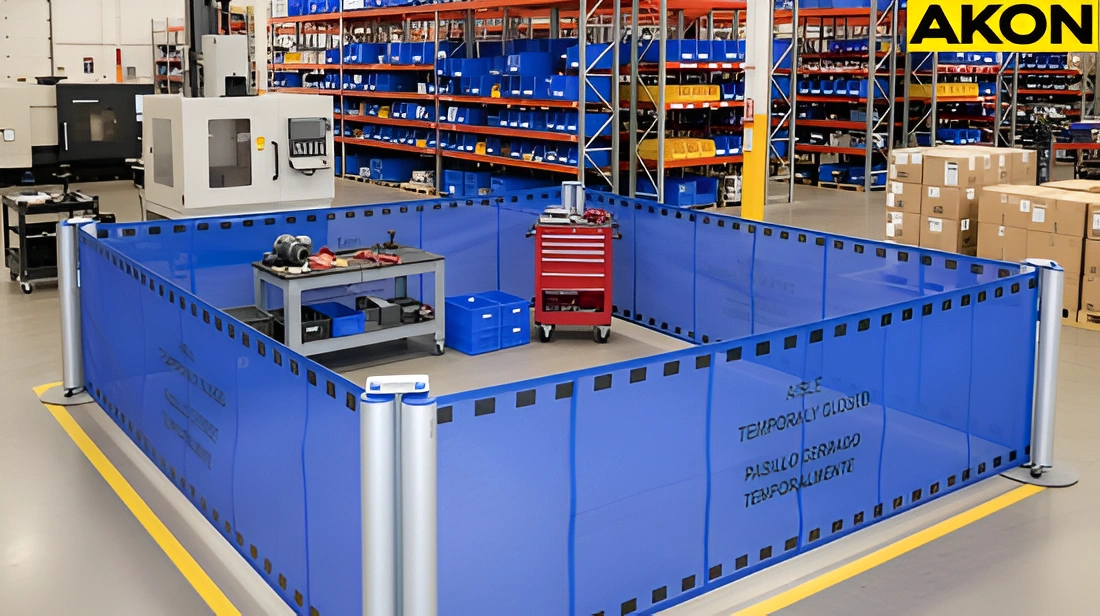 “Portable retractable barrier defining a temporary work zone in an industrial facility”