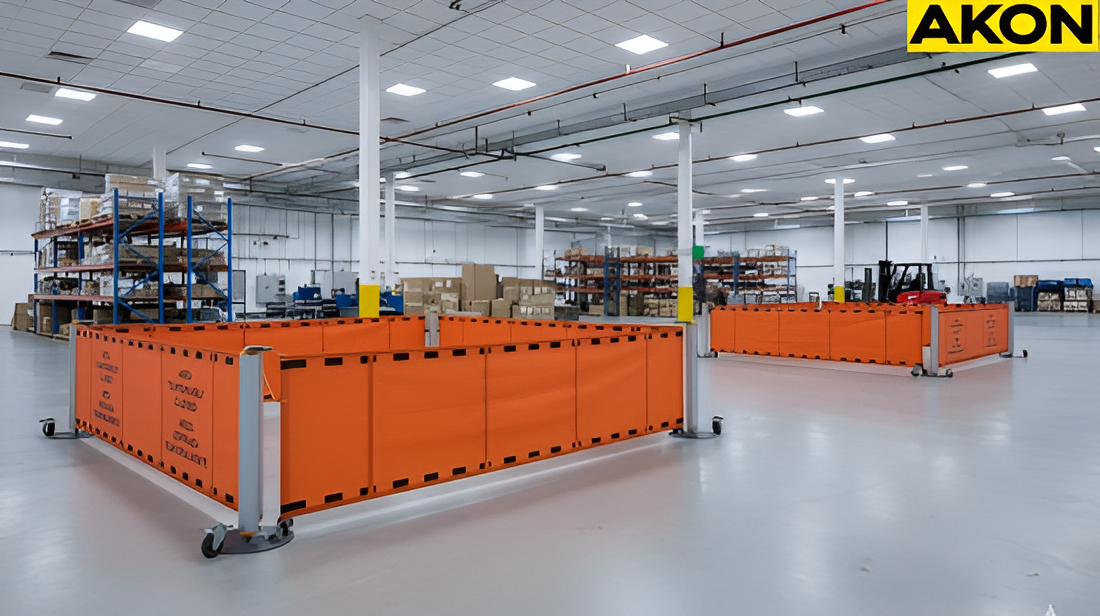 Portable retractable barrier system used to isolate a spill area on a factory floors