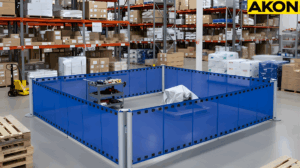 Portable retractable fence barrier isolating a temporary work zone insides a warehouse aisle