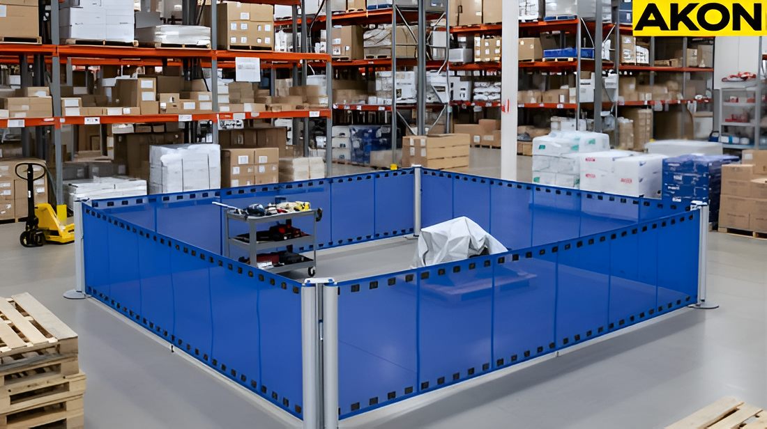 Portable retractable fence barrier isolating a temporary work zone insides a warehouse aisle