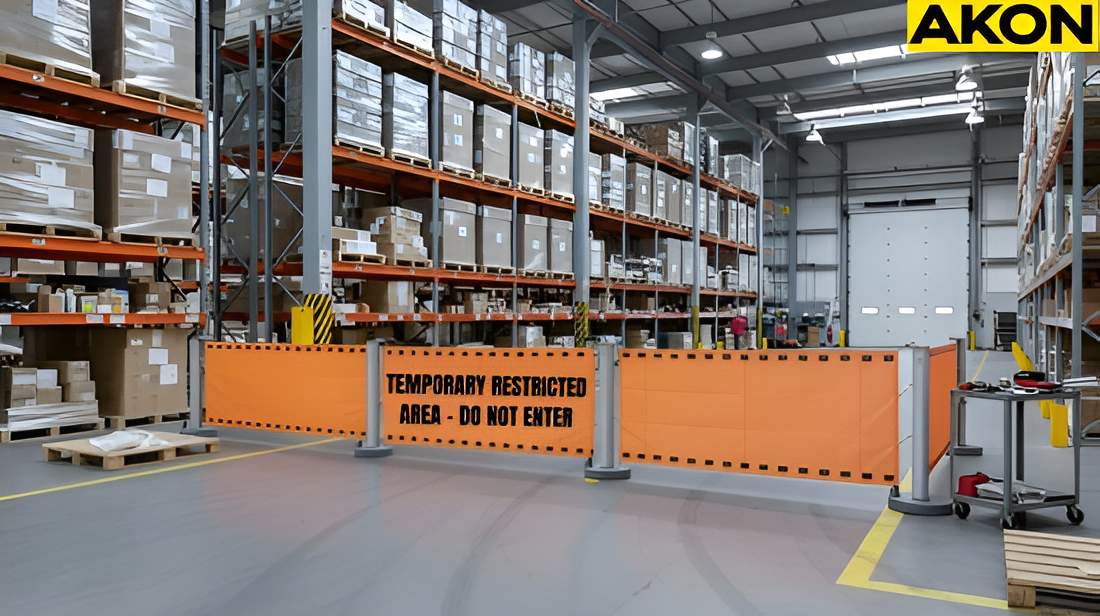 Printed retractable barrier marking a restricted warehouse area during active operation