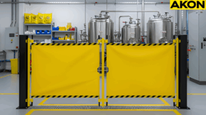 Retractable barrier fence controlling access around industrial equipment during spill responses