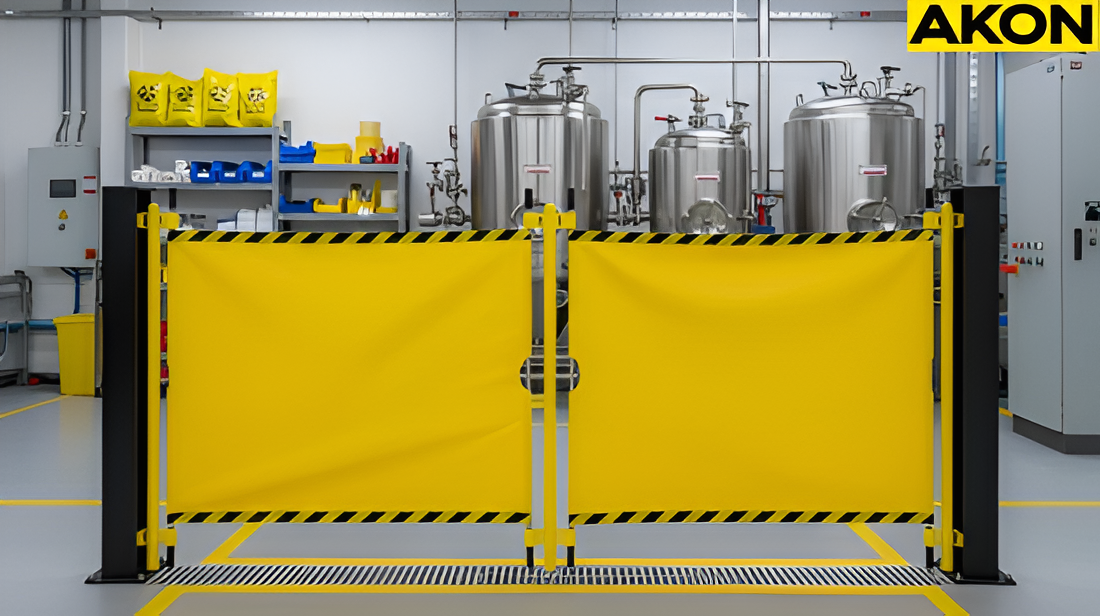 Retractable barrier fence controlling access around industrial equipment during spill responses