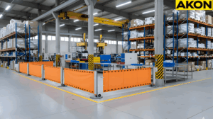 Retractable barrier fence creating a flexible quarantine area around pallets awaiting QA approvals