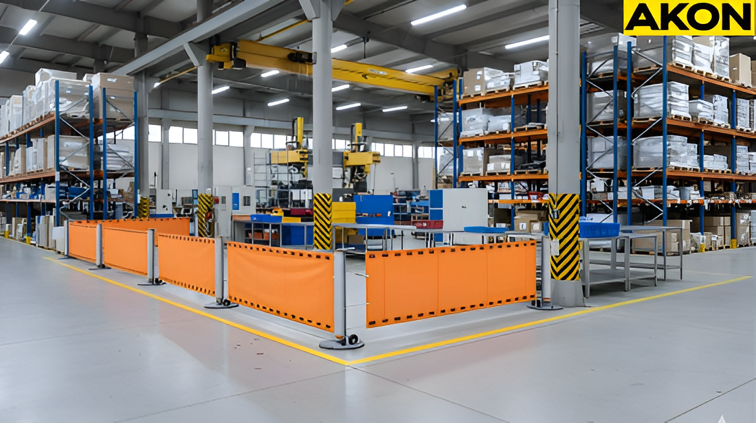 Retractable barrier fence creating a flexible quarantine area around pallets awaiting QA approvals