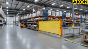 Retractable barrier fence creating a temporary warehouse quarantine area near pallet storage rack