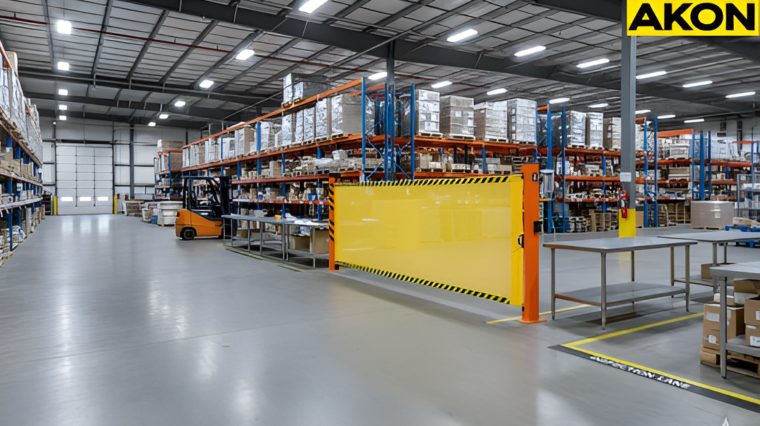 Retractable barrier fence creating a temporary warehouse quarantine area near pallet storage rack