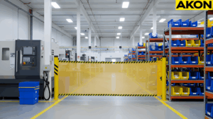 “Retractable barrier installed between shelving aisles to support 5S organization”