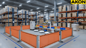 Retractable barrier system creating a temporary access boundary around robots and conveyors in a warehouse