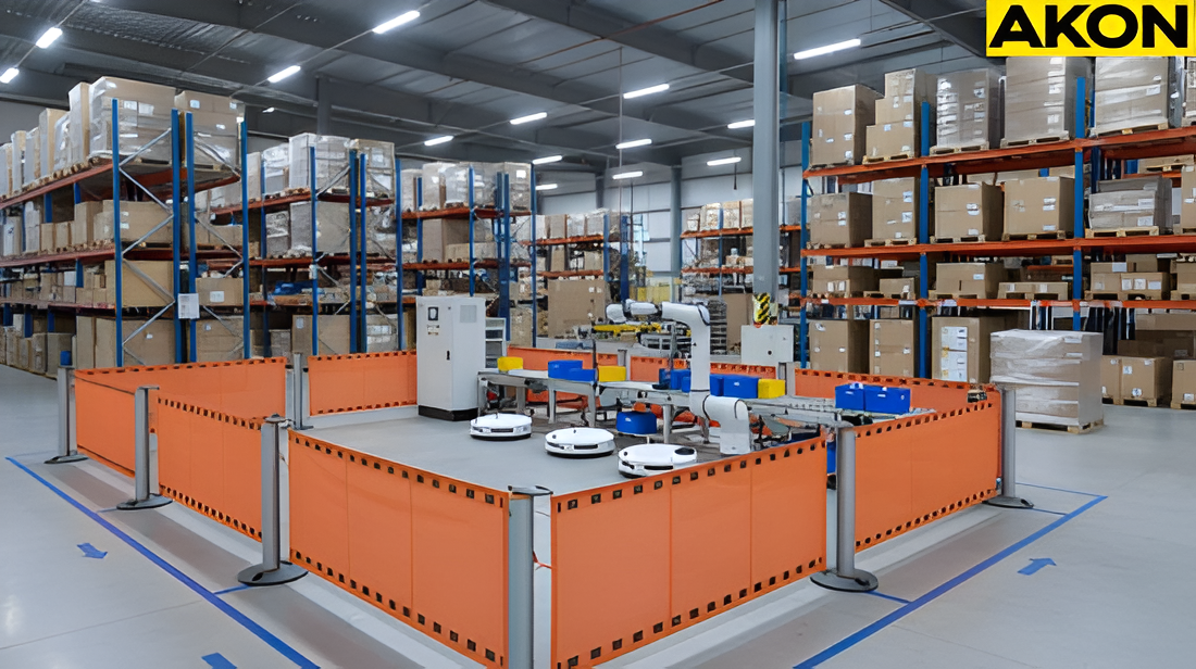 Retractable barrier system creating a temporary access boundary around robots and conveyors in a warehouse
