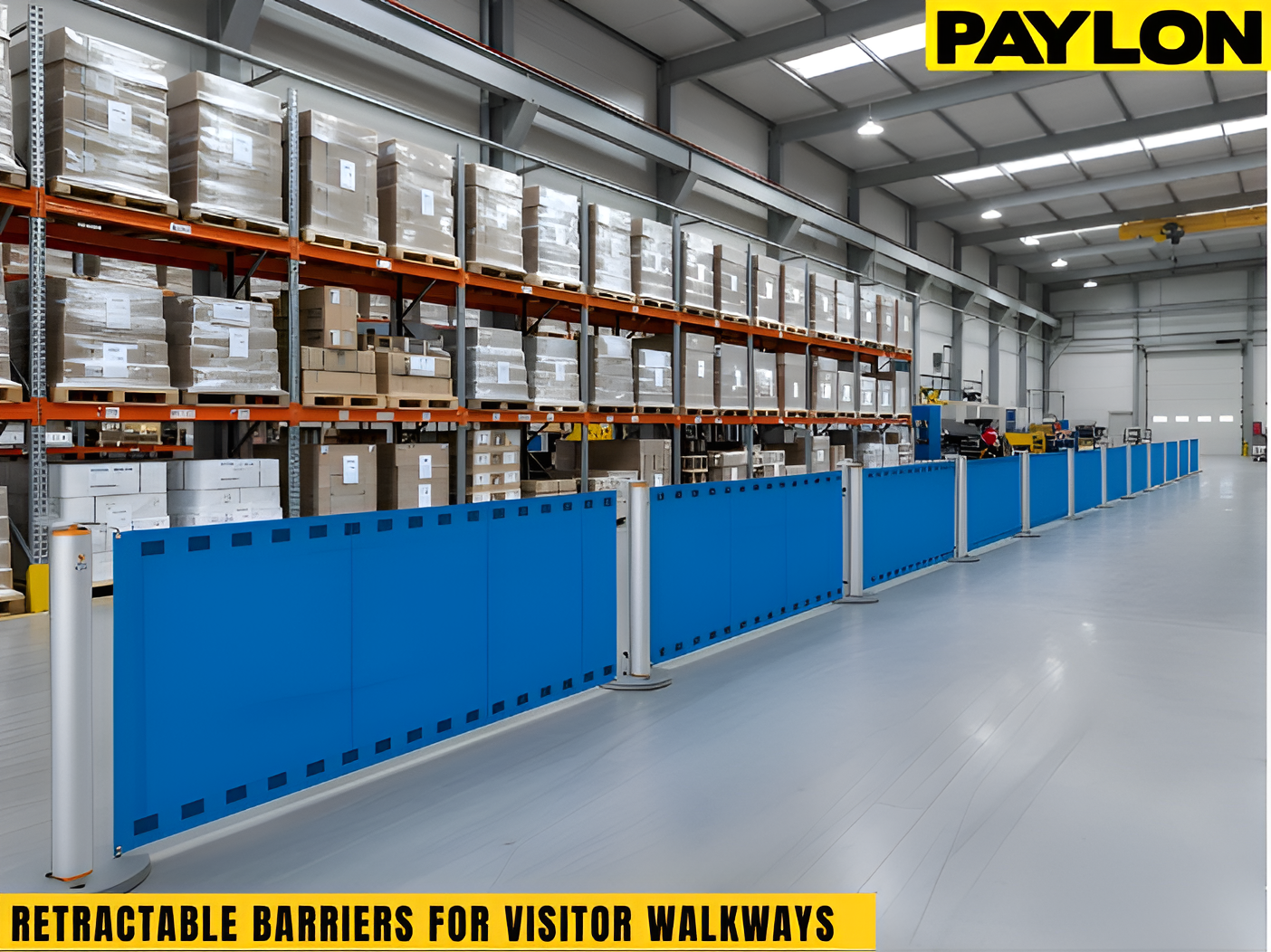 Retractable barriers creating a designated visitor walkway along a warehouse aisle with pallets racking