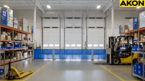 Retractable barriers installed across a warehouse aisle to control staging access
