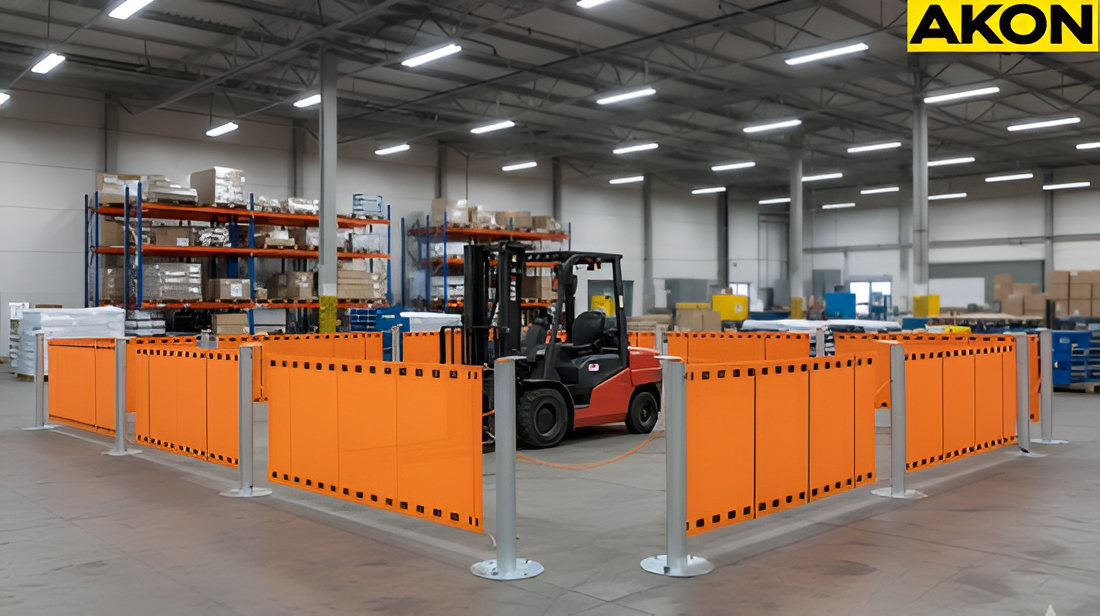 Retractable barriers organizing warehouse work areas instead of cones and tapes