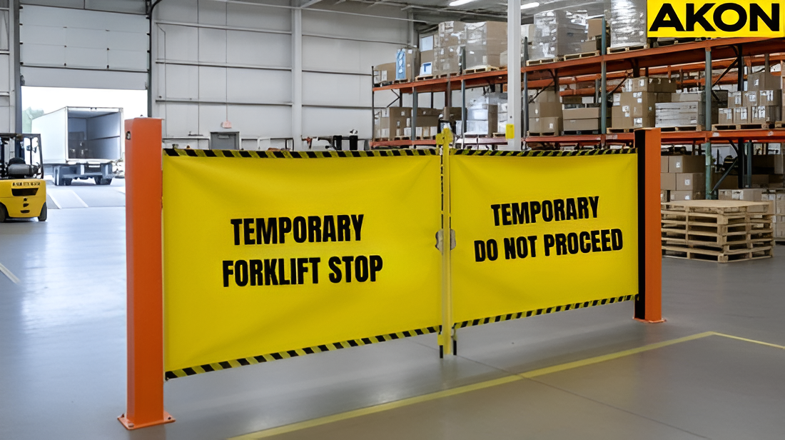 Retractable barriers with forklift stop warning controlling access in an active warehouse area