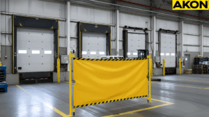 Retractable dock barrier positioned in front of closed warehouse dock doors for safety controls
