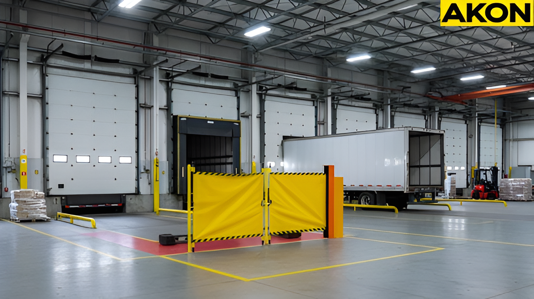 Retractable dock barrier system separating truck loading area inside an industrial warehouse