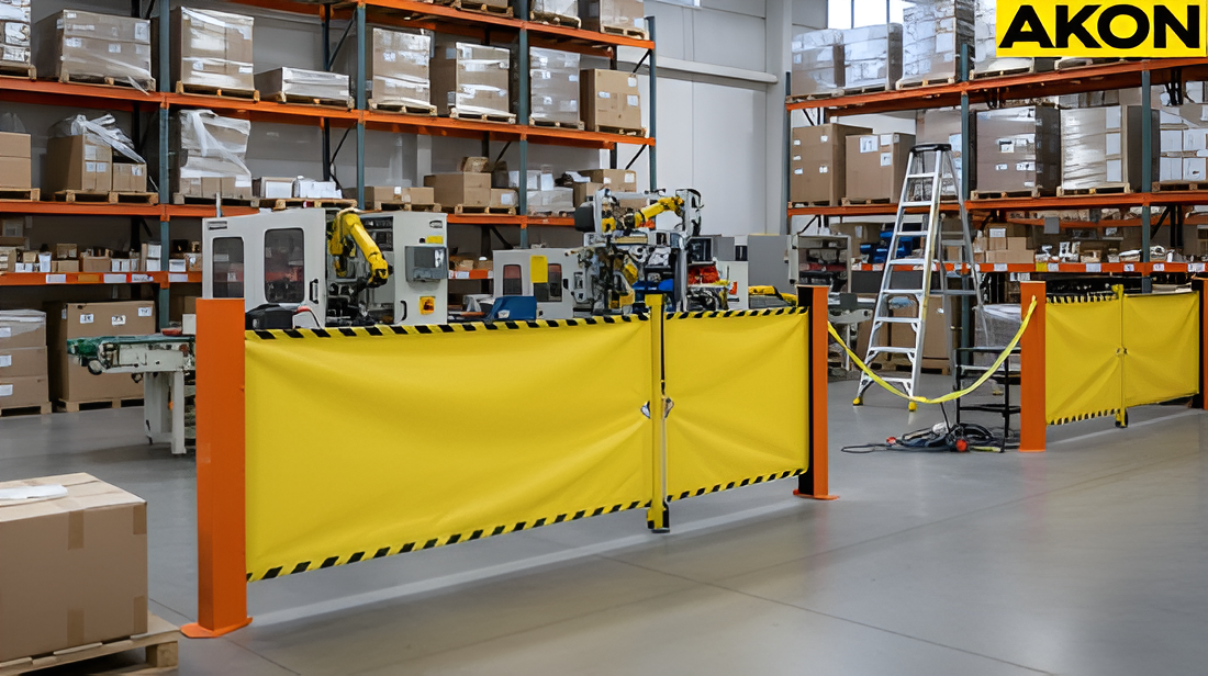 Retractable fence barrier guiding traffics around a temporary warehouses hazard zone