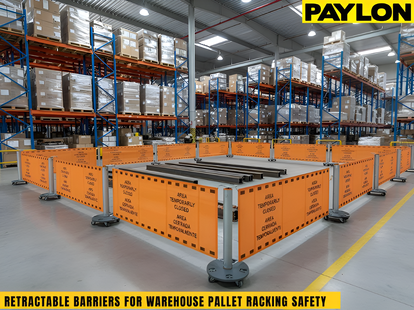 Retractable fence barrier securing a damaged pallet rack area inside a warehouse
