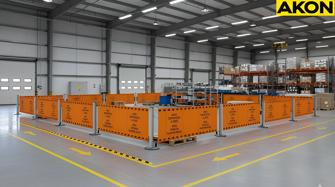 Retractable fence barrier used to create temporary restricted areas in an active warehouse