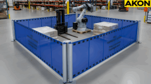 Retractable fence barriers protecting automated equipment inside a warehouse environments