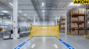 Retractable safety barrier blocking access to an automated warehouse aisle during active robot operations