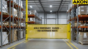 Retractable safety barrier closing a warehouse aisle and directing worker to an alternate routes