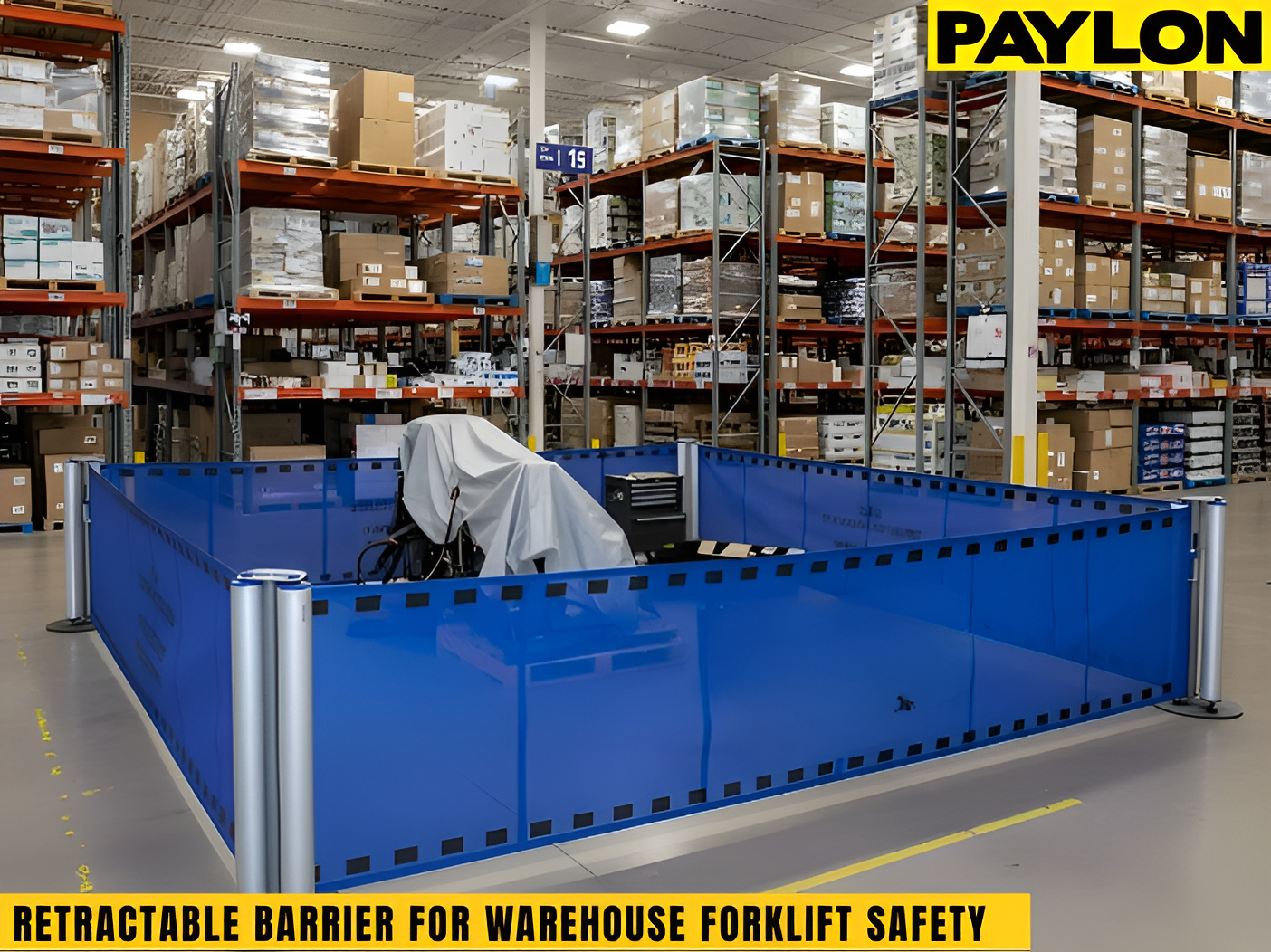 Retractable safety barrier enclosing a temporary work zone inside a warehouse to separate forklifts and pedestrian traffic