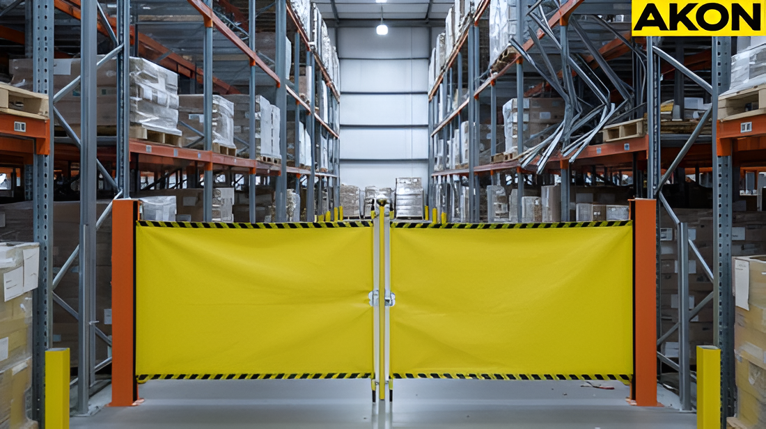 Retractable safety barrier installed across a warehouse rack row for temporary access controls