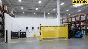 Retractable safety barrier separating forklift traffic from a battery charging area inside a warehouses