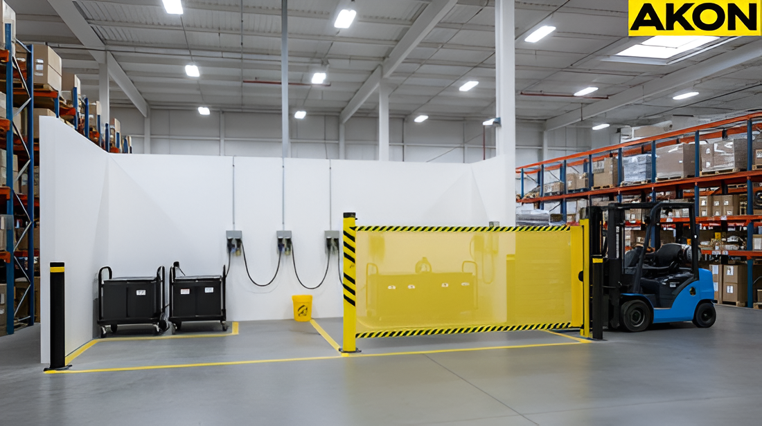 Retractable safety barrier separating forklift traffic from a battery charging area inside a warehouses
