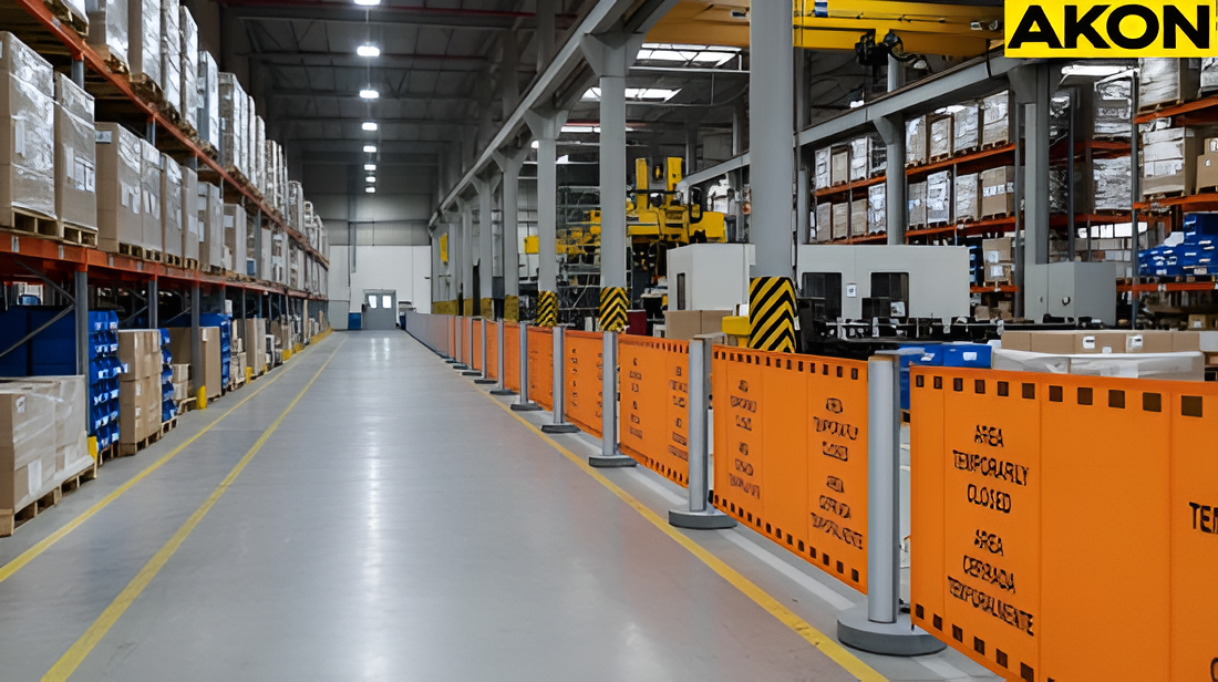 Retractable safety barriers separating visitor walkways from active warehouse work area