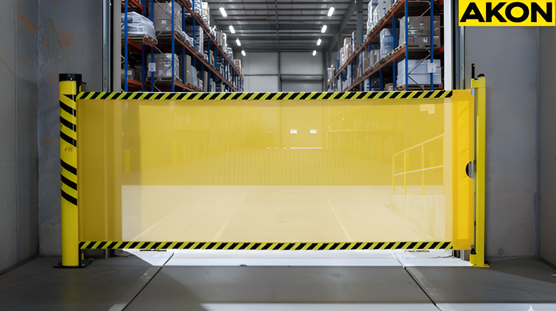 Retractable warehouse barrier blocking aisle access during active operation